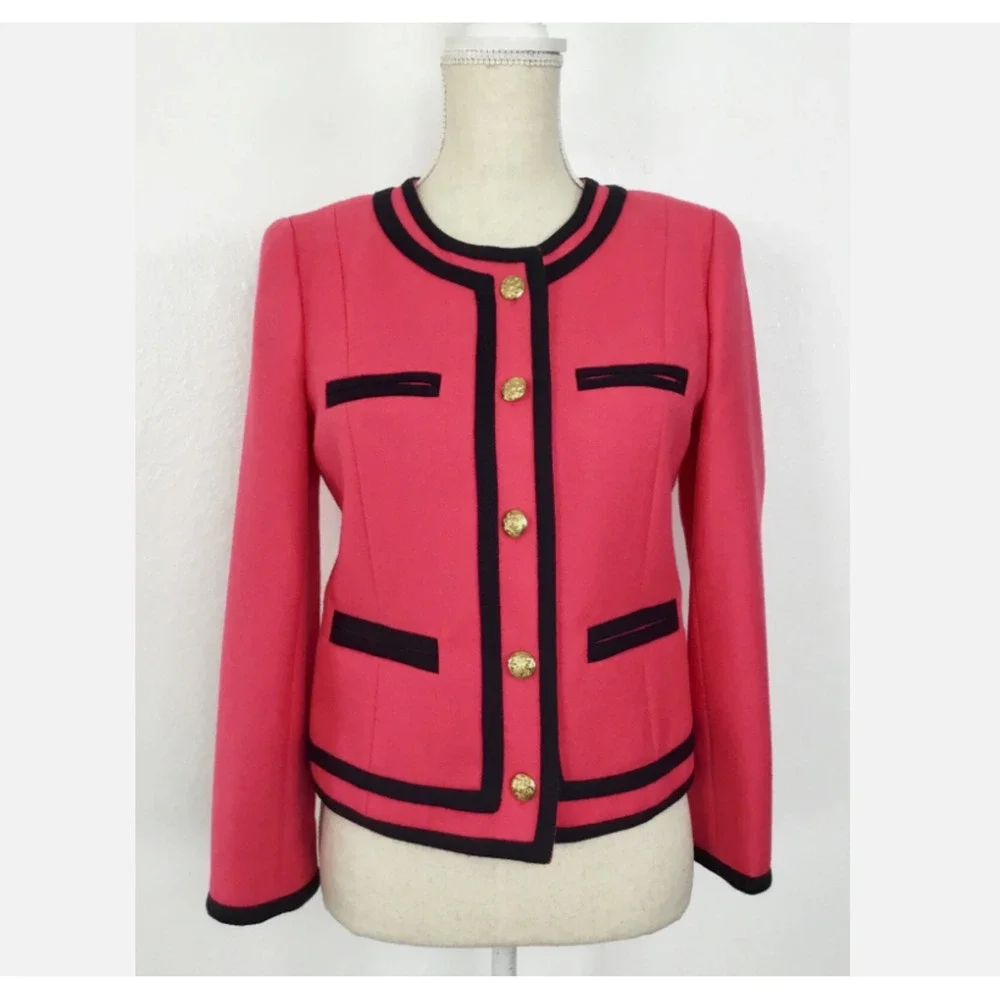 J.Crew Blazer Womens Sz 6 Berry Coral Double Serge Wool Cropped Jacket Gold MINT